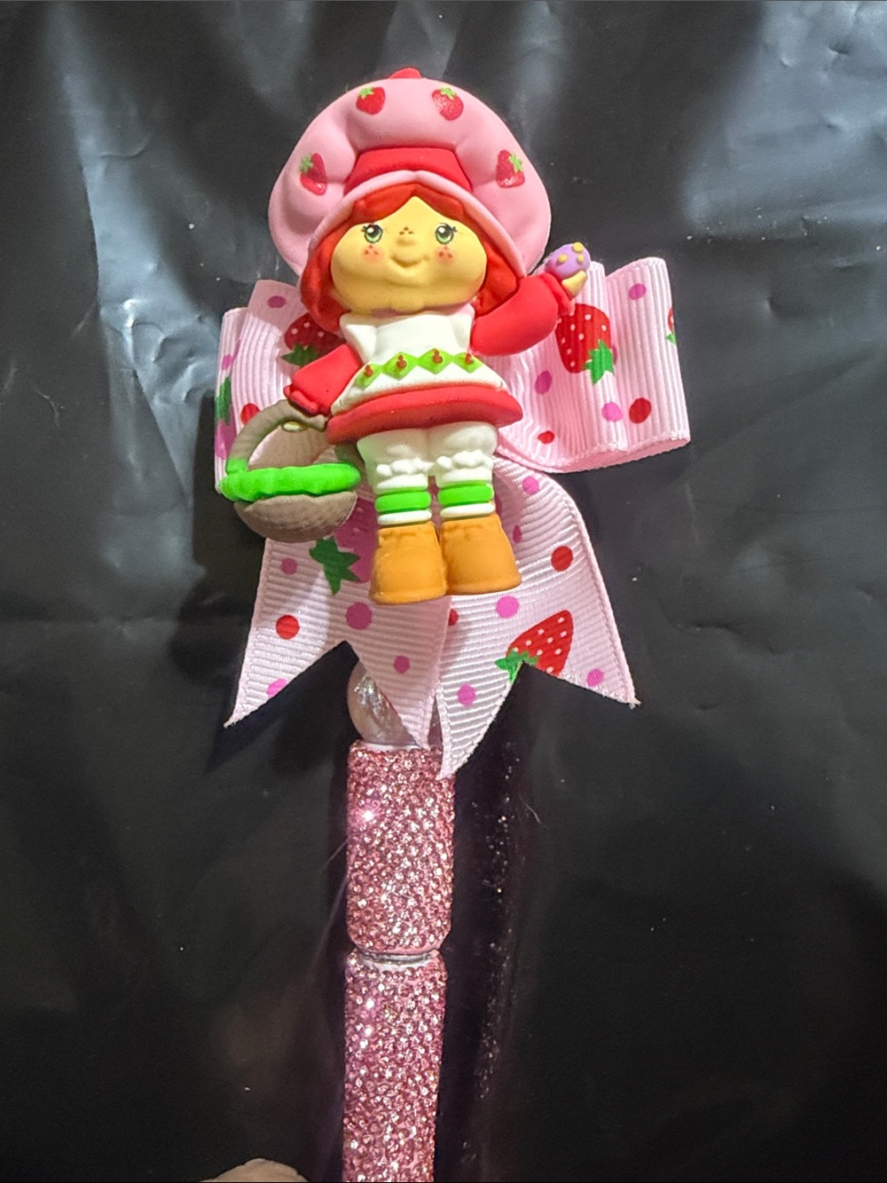 Pink Strawberry Character topper beaded rhinestone pen.